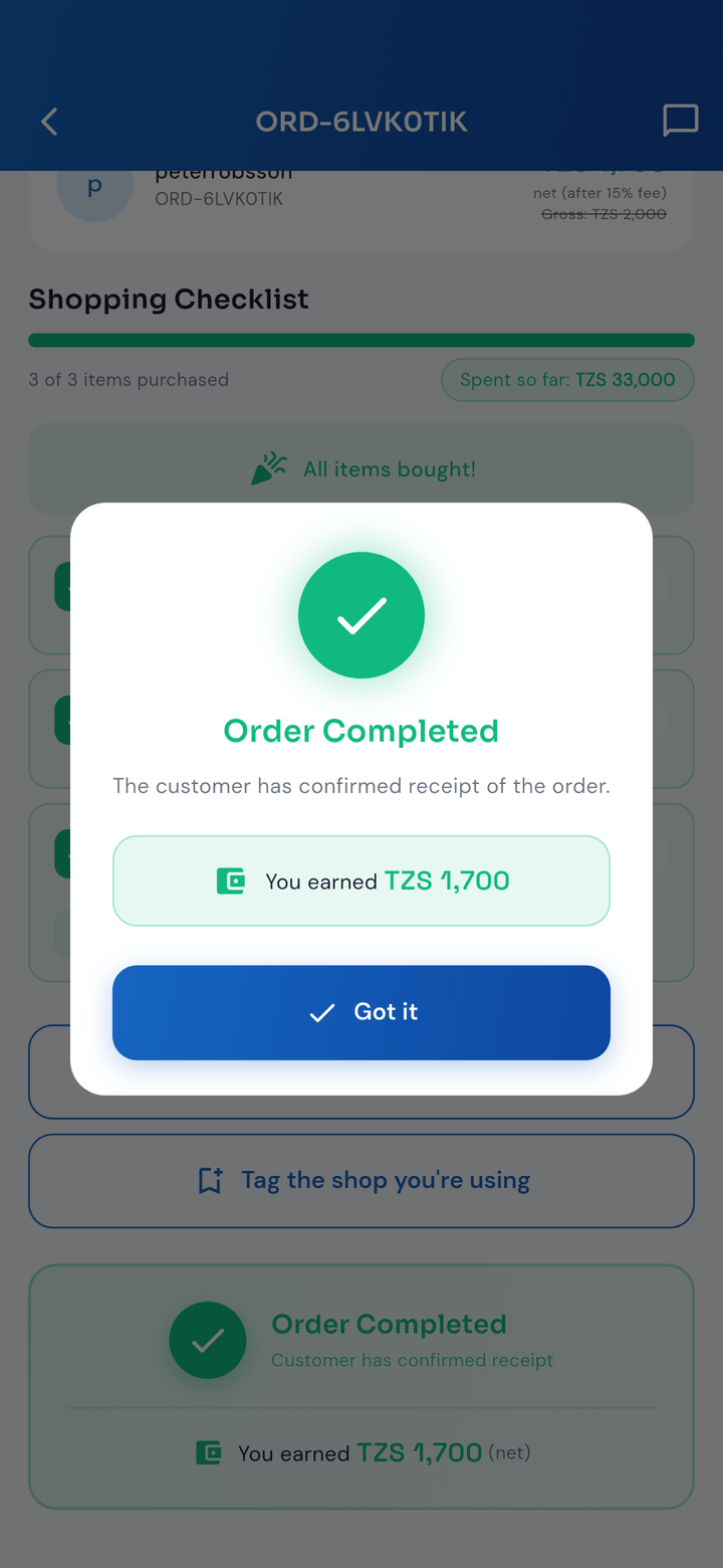Nunua Pro buyer app — order completed, earnings paid